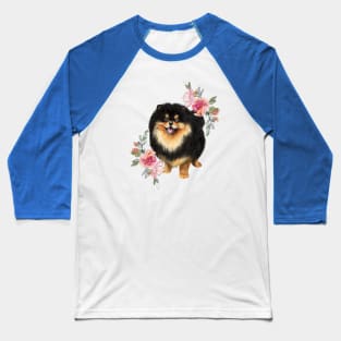 Cute Black Pomeranian Dog with Flowers Watercolor Art Baseball T-Shirt